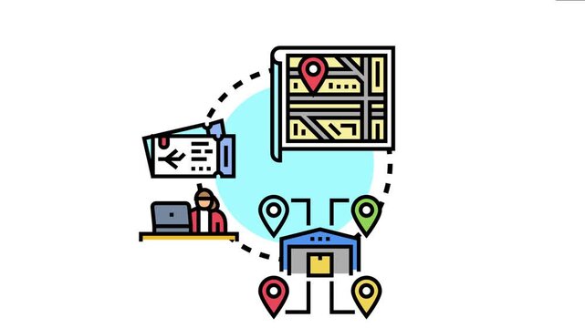 Location team coordinating travel and freight operations, managing distribution and tracking various points on a map for efficient supply chain planning and seamless project execution