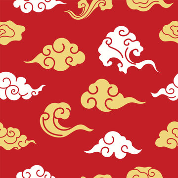 Chinese New Year seamless pattern with gold and white traditional oriental clouds on red background. Festive Asian lunar new year illustration.