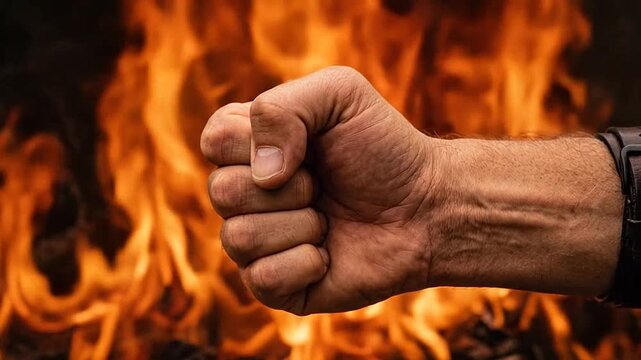Clenched fist held against intense blazing fire background