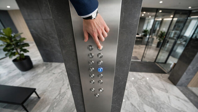 Person pressing elevator button in modern office lobby