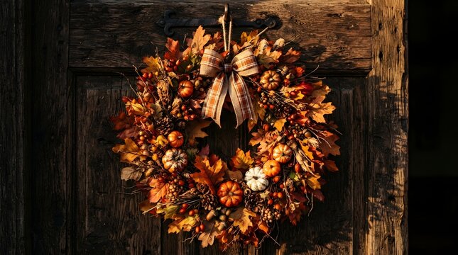 A festive autumn wreath featuring pumpkins, pinecones, and colorful fall leaves hanging on a rustic dark wooden door