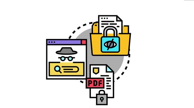 Confidentiality emblem a file folder with a padlock eye symbol, a web browser with an anonymous figure, and a locked pdf document, symbolizing data protection and privacy concepts