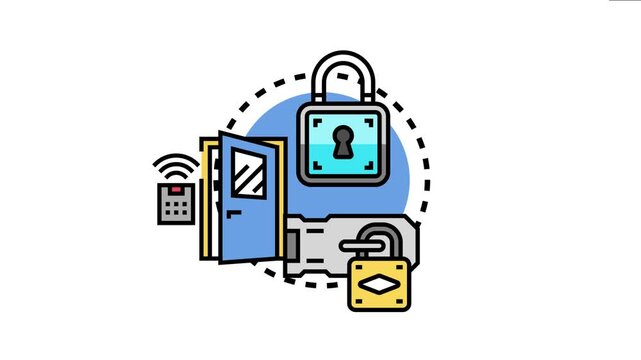 Object different components of a secure access system, showing a padlock, a door, a key remote, and a door lock, representing protection and control