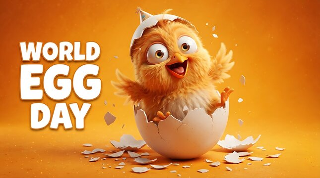 A cute, fluffy yellow chick hatching from a white eggshell, wearing a small party hat, celebrating world egg day with a joyful expression against an orange background