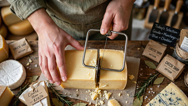 Chef cutting aged gouda cheese with slicer at artisan shop