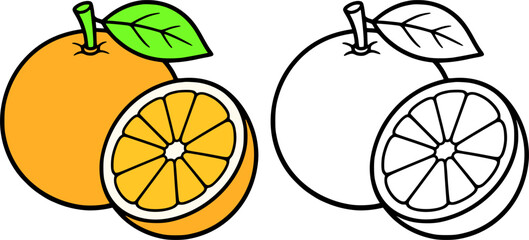 Obraz premium Orange fruit illustration icon in line art style and colored, coloring page for kids