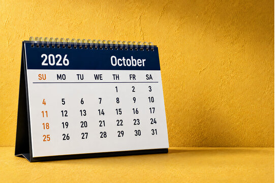 October 2026 Desk Calendar on Sunflower Yellow Textured Background 