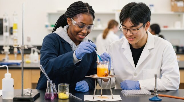 High school students doing a chemistry experiment in a science lab. Diverse teenagers in lab coats using a pipette and beaker. STEM education concept