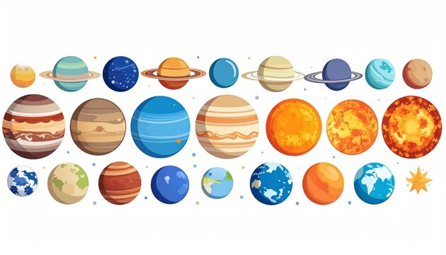 Set of solar system planets and celestial spheres in flat illustration style for educational astronomy projects