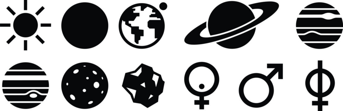 Black Planet and Astronomy Icon Set Featuring Sun Earth Saturn Jupiter Asteroid and Gender Astrology Symbols for Website UI and Science Designs