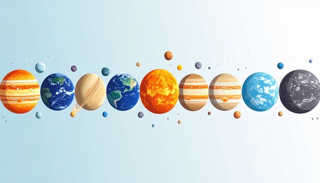Solar system planets vector illustration set featuring sun mercury venus earth mars jupiter saturn uranus neptune and moons on white background