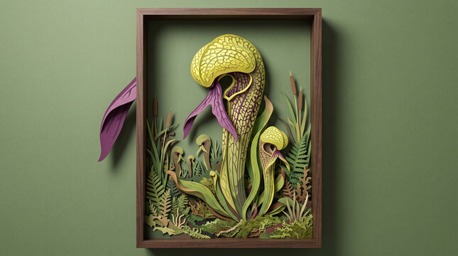 Yellow and purple pitcher plants crafted from layered paper art inside a wooden shadow box frame