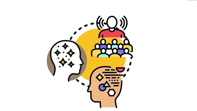 Logical mindset development process showing a leader communicating ideas to a team, also depicting creative thinking with brilliant ideas and analytical problem solving using geometric shapes