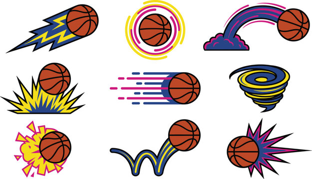 Dynamic Basketball Motion Icon Set Featuring Flying Balls Trails Sparks Whirlwind and Comet Effects for Sports Logos Branding and App Graphic Designs
