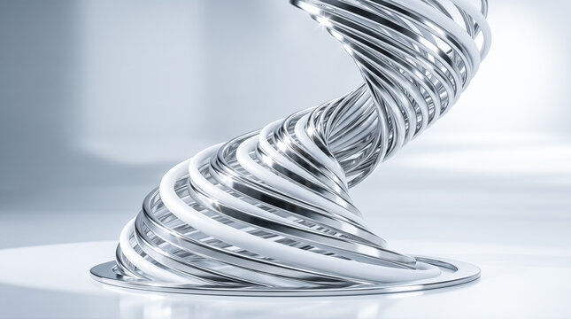 Abstract chrome metal spiral sculpture twisting upward from round base creating dynamic futuristic helix tornado shape against bright studio backdrop