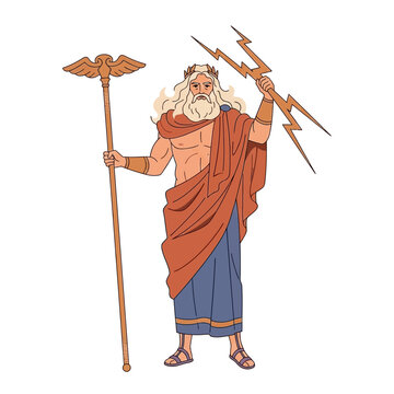 Illustration of Zeus the Greek god holding a lightning bolt and a scepter.