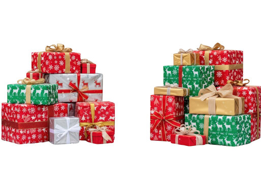 Wrapped Christmas presents in various colors.