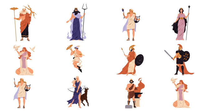 A collection of twelve distinct Greek gods and goddesses depicted in a stylized artistic illustration.