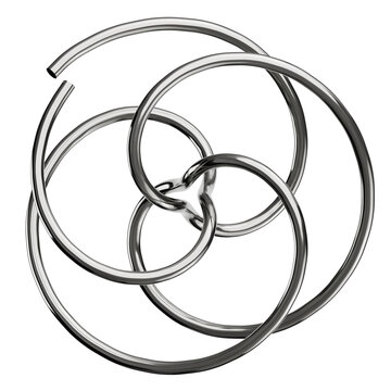Interlocking metallic rings forming abstract spiral industrial