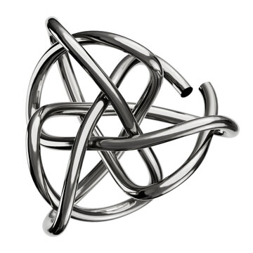 Intertwined chrome metal tubes forming abstract knot industrial