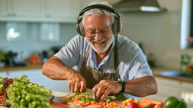 Senior man with glasses and headphones joyfully chopping vegetables in a modern kitchen, surrounded by fresh produce on a wooden countertop