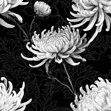 chrysanthemum, ink draw, seamless pattern