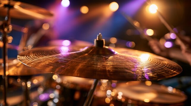 Close-up of a shiny cymbal on a drum set illuminated by colorful stage lights, with blurred drumming action in the background creating a dynamic atmosphere