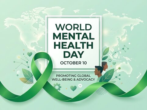 World mental health day banner with green awareness ribbon, global map background, and diverse people silhouettes, promoting global wellbeing and advocacy on october 10