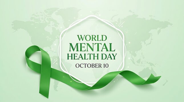 World mental health day banner with green awareness ribbon on a world map background, october 10th global awareness event concept