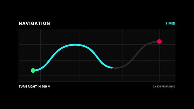 GPS navigation route tracker animation with elevation curve line and turn by turn direction map concept