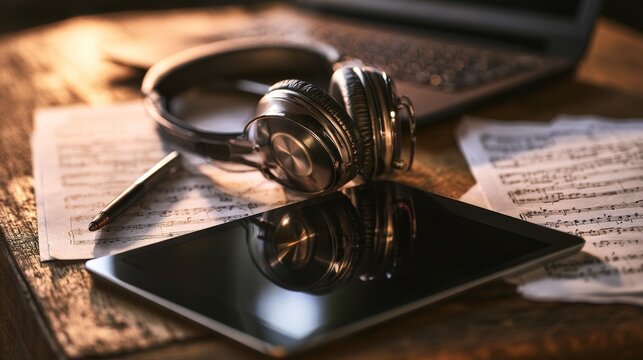 Headphones resting on a wooden table beside a tablet, sheet music, and a pen, with a laptop partially visible in the background