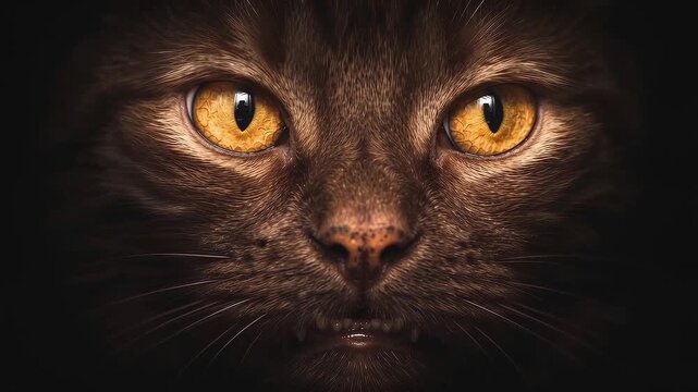 Cinematic close-up of cat eyes staring intensely forward