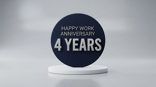 Four year anniversary celebration with a dark blue circular sign on white