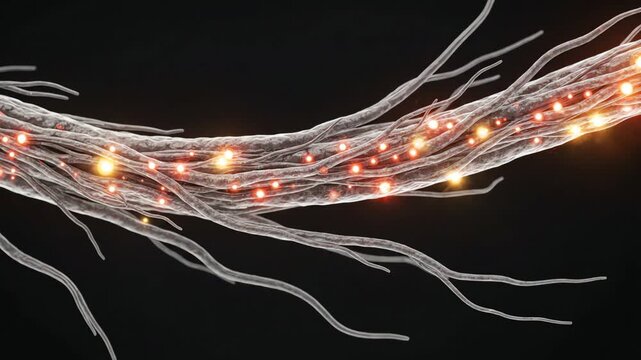 Peripheral nerve pathway represented as a clean anatomical structure, with a simple controlled reduction of glowing pain-signal indicators traveling along the nerve after a pain relief treatment 