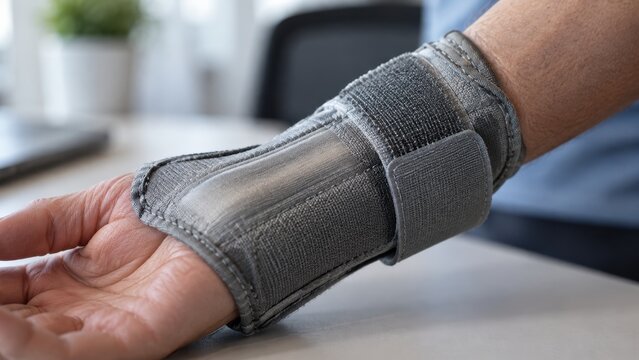 Carpal Tunnel Wrist Brace Close Up on Male Hand Resting on Office Desk, Gray Orthopedic Wrist Splint Support for Repetitive Strain Injury and Nerve Pain Relief