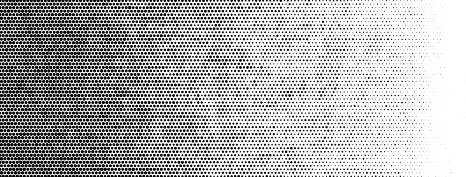 Distressed dot pattern texture with halftone transition effect on white background. Vintage grunge overlay for retro pop art and comic style graphic designs.