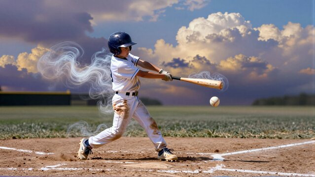 Young baseball player swings bat, smoke trails swirl as ball flies through sky.