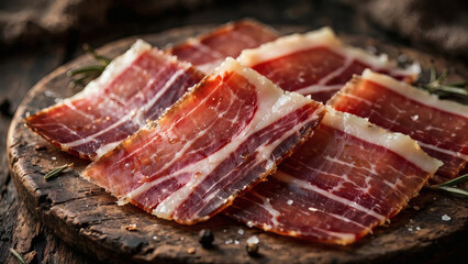 Fototapeta premium Thickly sliced cured ham on rustic wooden board.