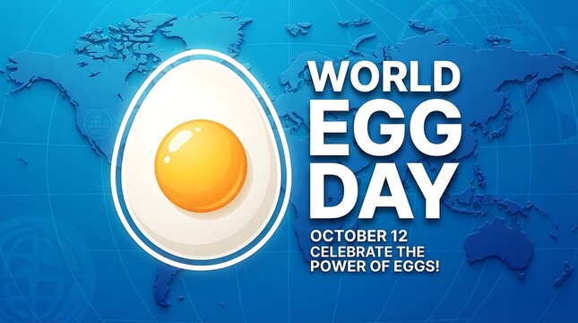 World egg day celebration concept with a stylized egg icon on a blue world map background, featuring bold typography and a call to celebrate the power of eggs