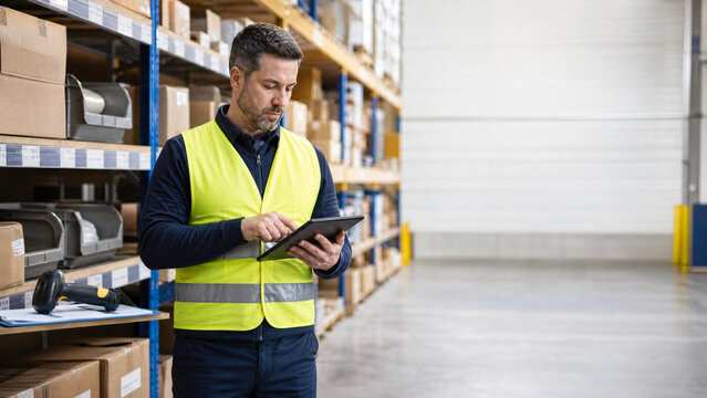 Warehouse supervisor using digital tablet for inventory management in a logistics center