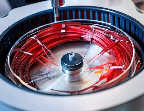 blood samples are placed in a centrifuge that spins at high speed in a laboratory this process separates components of the blood for tests