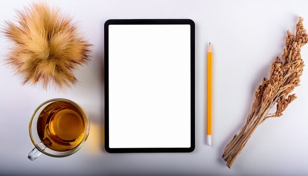 blank screen tablet with pencil drink and dried plants on a white surface ready for your text or image