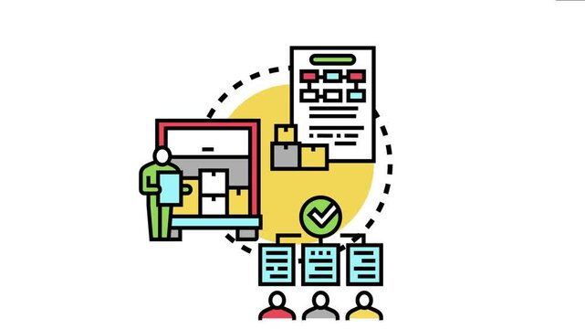 Worker managing returned goods with boxes and a document flowchart, the process of reverse logistics and efficient supply chain management