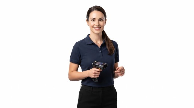 Professional female warehouse worker holding barcode scanner, smiling logistics employee in navy polo shirt, retail staff with handheld terminal