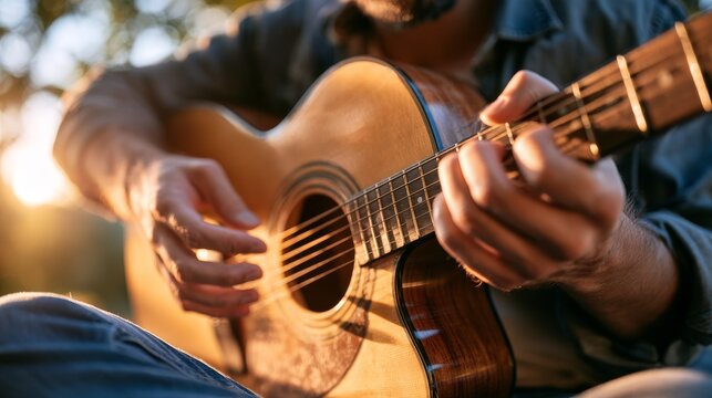 Male musician playing acoustic guitar outdoors during sunset, with soft natural light illuminating his hands and the instrument in a serene environment