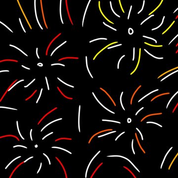 Minimalist festive print depicting white, red, and yellow abstract chalk line fireworks exploding over a solid black night background.