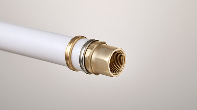 Close-up of a white plastic pipe section featuring brass and metal mechanical fitting connectors for plumbing and industrial fluid transport systems