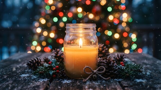 Warm glowing beverage in a jar with a blurred festive christmas tree background