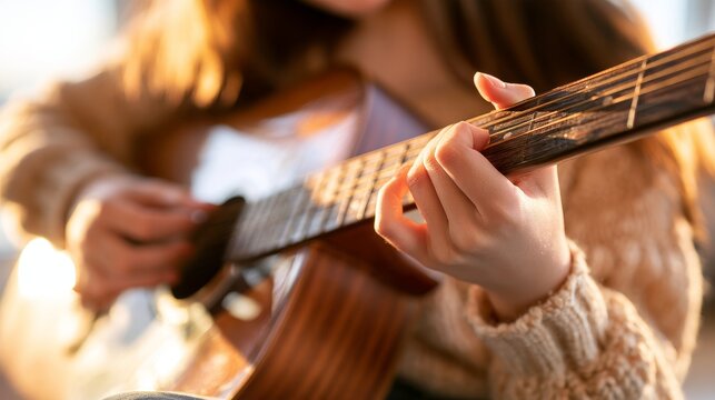 Young woman playing acoustic guitar with warm sunlight illuminating her hands and instrument, showcasing detailed wood grain and relaxed indoor setting