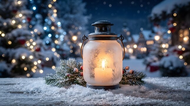 Warm glowing lantern sits on a snowy surface with a blurred christmas town background